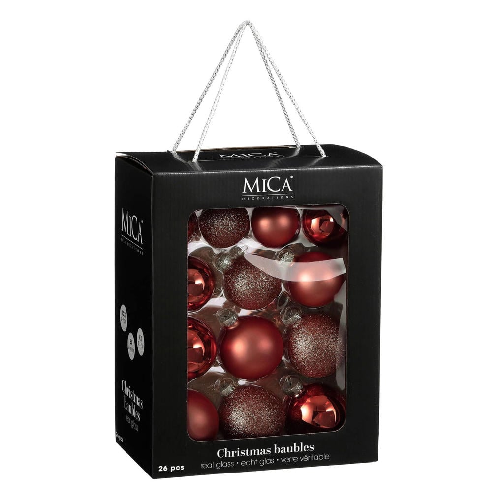 Mica Decorations Kerstballen glas donkerrood - 26 stuks (ø7 cm)