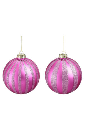 Kerstballen glas streep fuchsia lila - 2 stuks  (ø10 cm)