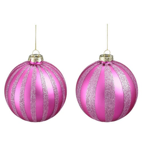 Mica Decorations Kerstballen glas streep fuchsia lila - 12 stuks (ø10 cm) afbeelding
