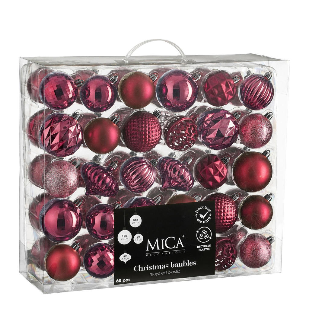 Mica Decorations kerstballen onbreekbaar fuchsia - 60 stuks Ø7cm (ø7 cm)