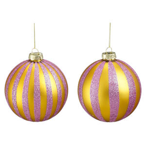 Kerstballen glas streep goud lila - 2 stuks  (ø10 cm)