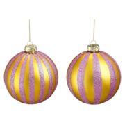thumbnail: Mica Decorations Kerstballen glas streep goud lila - 2 stuks  (ø10 cm)