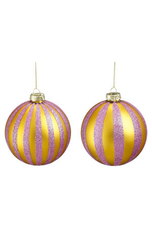 Kerstballen glas streep goud lila - 2 stuks  (ø10 cm)