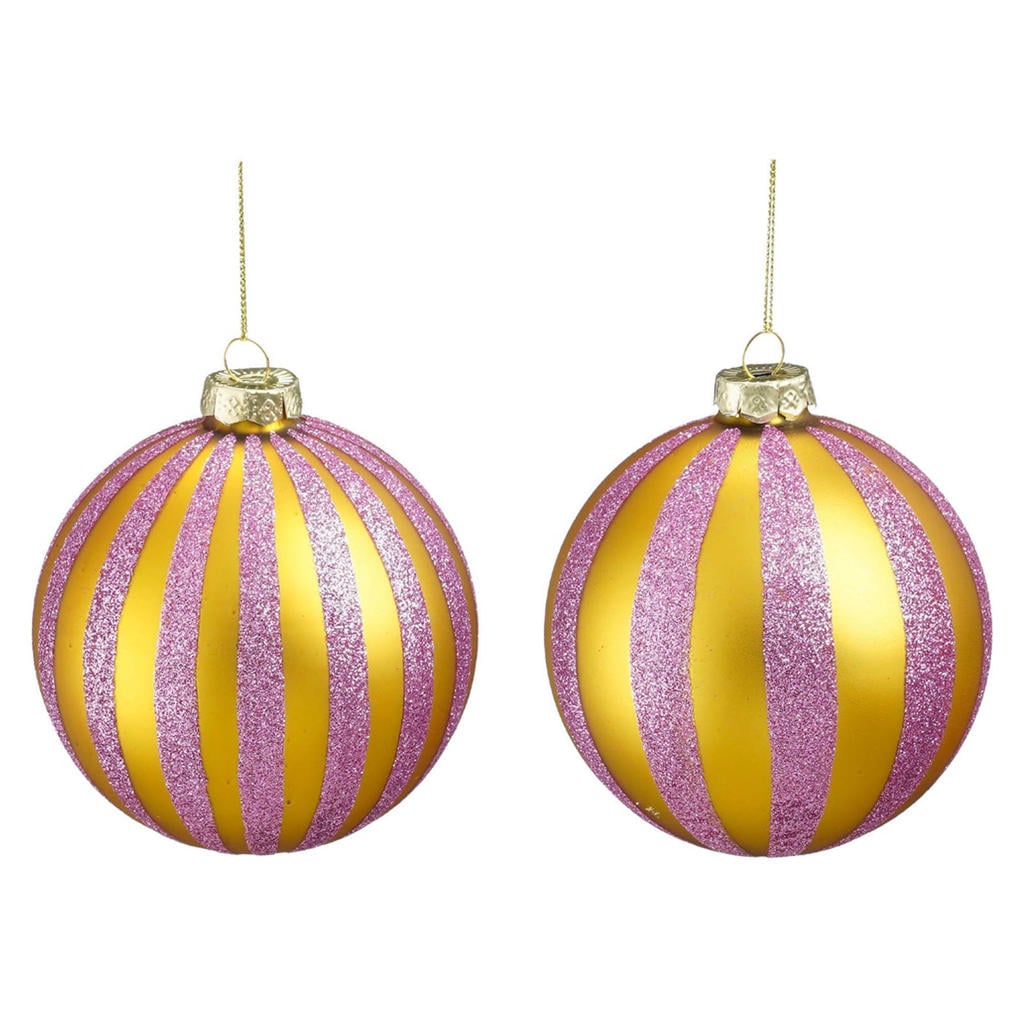 Mica Decorations Kerstballen glas streep goud lila - 2 stuks (ø10 cm)