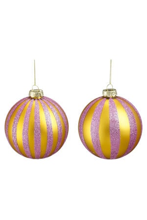 Kerstballen glas streep goud lila - 2 stuks (ø10 cm)