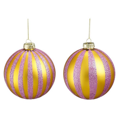 Mica Decorations Kerstballen glas streep goud lila - 12 stuks (ø10 cm) afbeelding
