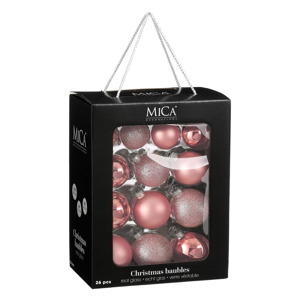 Mica Decorations Kerstballen glas roze - 26 stuks (ø7 cm)