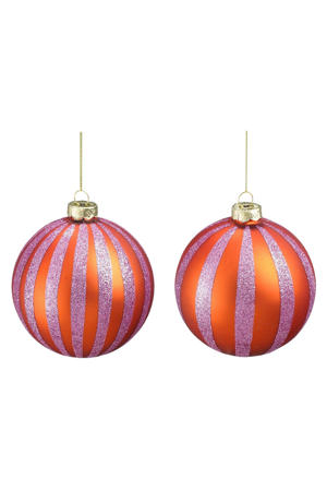 Kerstballen glas streep oranje lila - 2 stuks  (ø10 cm)