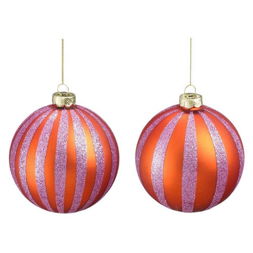 Mica Decorations Kerstballen glas streep oranje lila - 12 stuks (ø10 cm) afbeelding