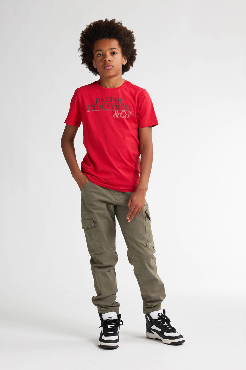 Groene jongens Petrol Industries regular casual broek van stretchkatoen met elastische tailleband met koord en effen