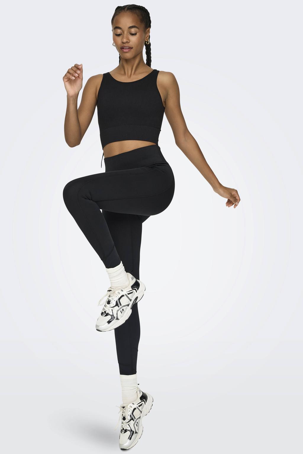 Zwarte dames ONLY PLAY sportlegging van polyester met slim fit, high waist, elastische tailleband en effen