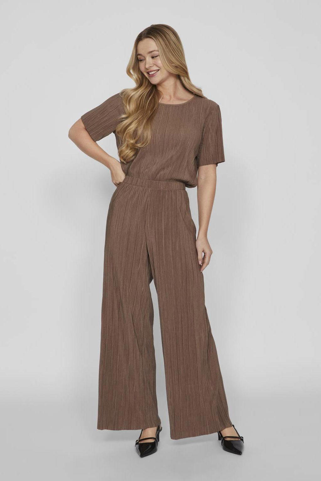 Bruine dames VILA top van polyester met effen, korte mouwen, ronde hals en textuur