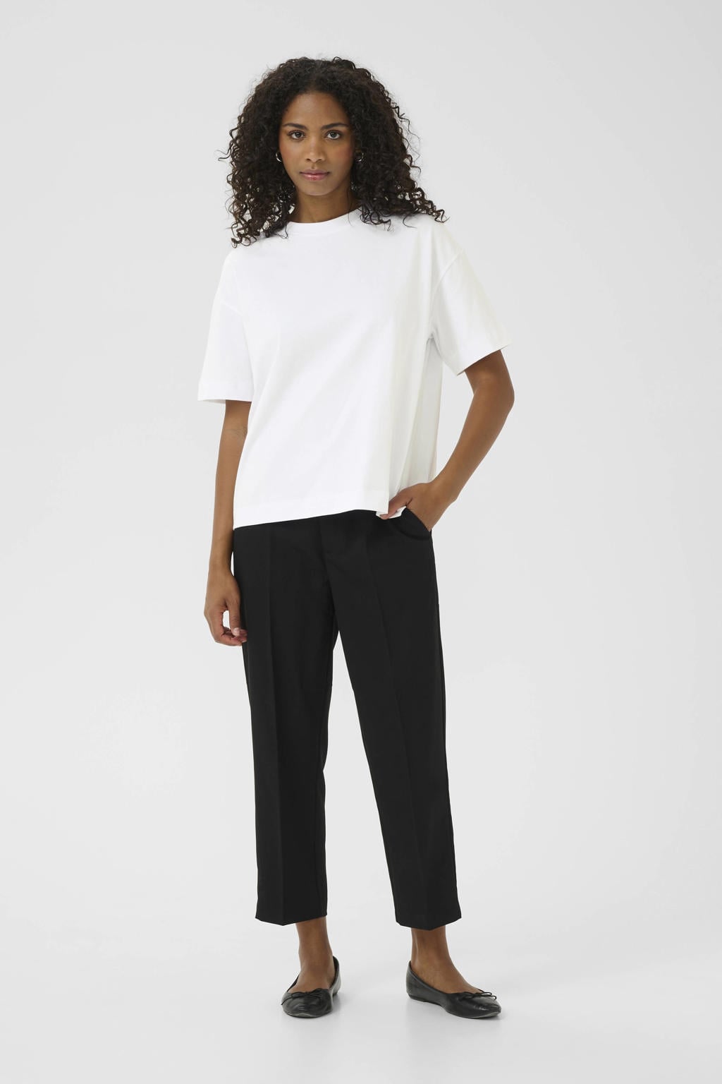 Witte dames Kaffe X Ellen Hoog T-shirt van katoen met effen, korte mouwen en ronde hals