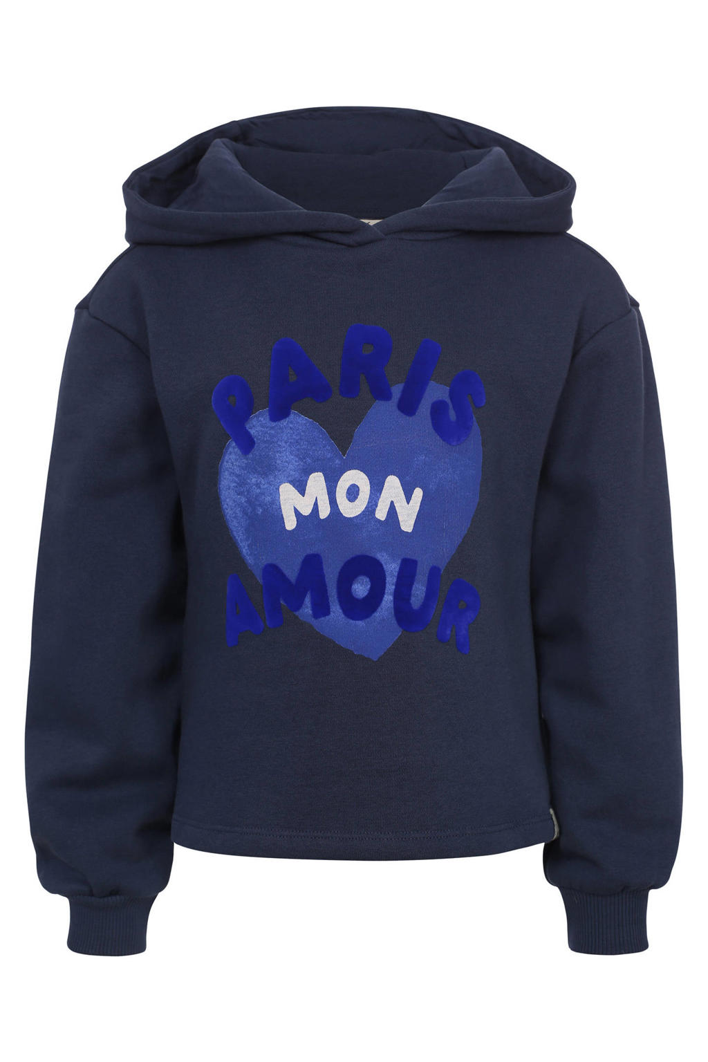 Donkerblauwe meisjes LOOXS little hoodie van sweat materiaal met tekst print, lange mouwen en capuchon