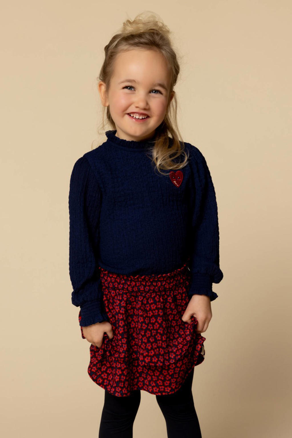 Donkerblauwe meisjes LOOXS little blousetop van polyester met effen, lange mouwen, opstaande kraag, knoopsluiting en smockwerk