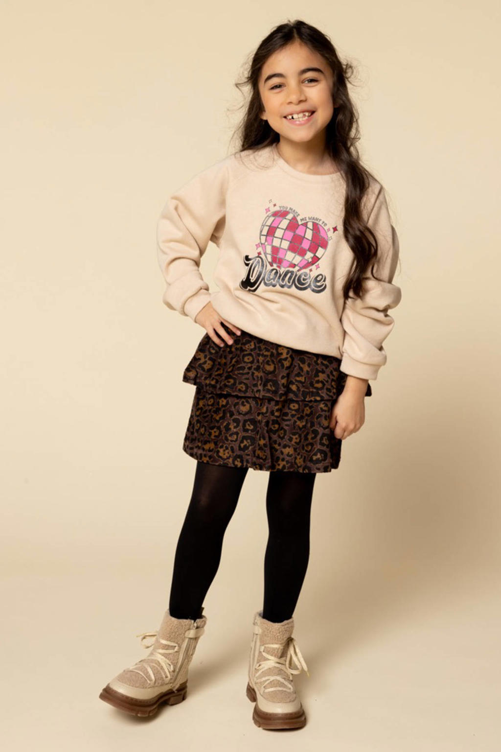 Ecru meisjes LOOXS little sweater van katoen met printopdruk, lange mouwen en ronde hals