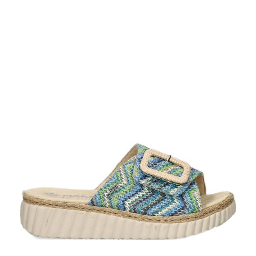Blauwe dames Rieker raffia slippers met sleehak en klittenband