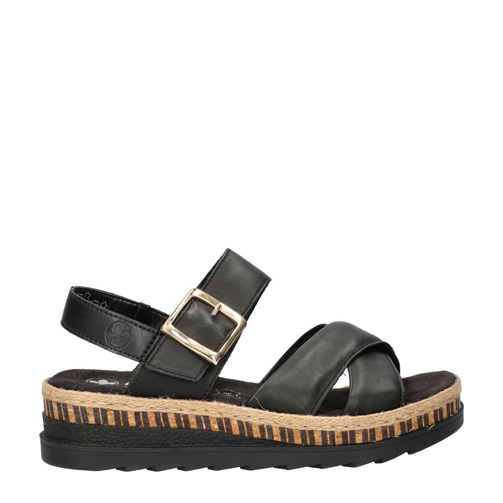 Zwarte dames Rieker leren sandalen met klittenband