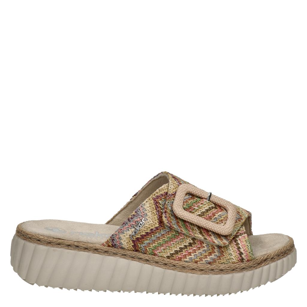 Beige dames Rieker raffia slippers met klittenband