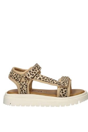 leren sandalen met panterprint beige/zwart