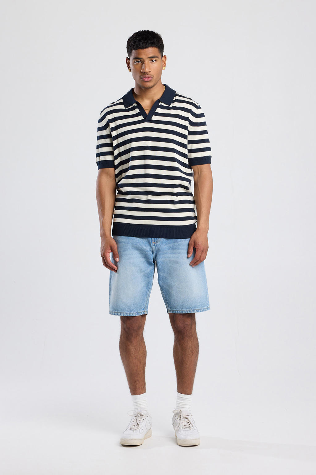Witte heren America Today regular polo van katoen met strepenprint, korte mouwen en V-hals