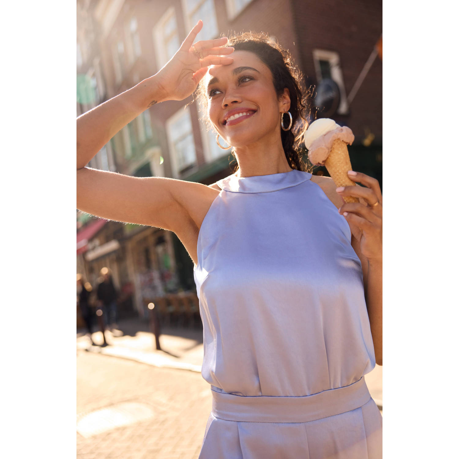 LOLALIZA Romy Monteiro x Wehkamp wide leg jumpsuit lichtblauw