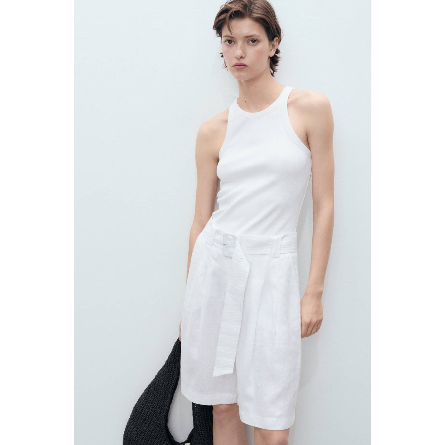 Mango linnen straight regular waist casual short wit