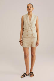 thumbnail: Beige dames WE Fashion linnen straight playsuit met effen, reverskraag en knoopsluiting