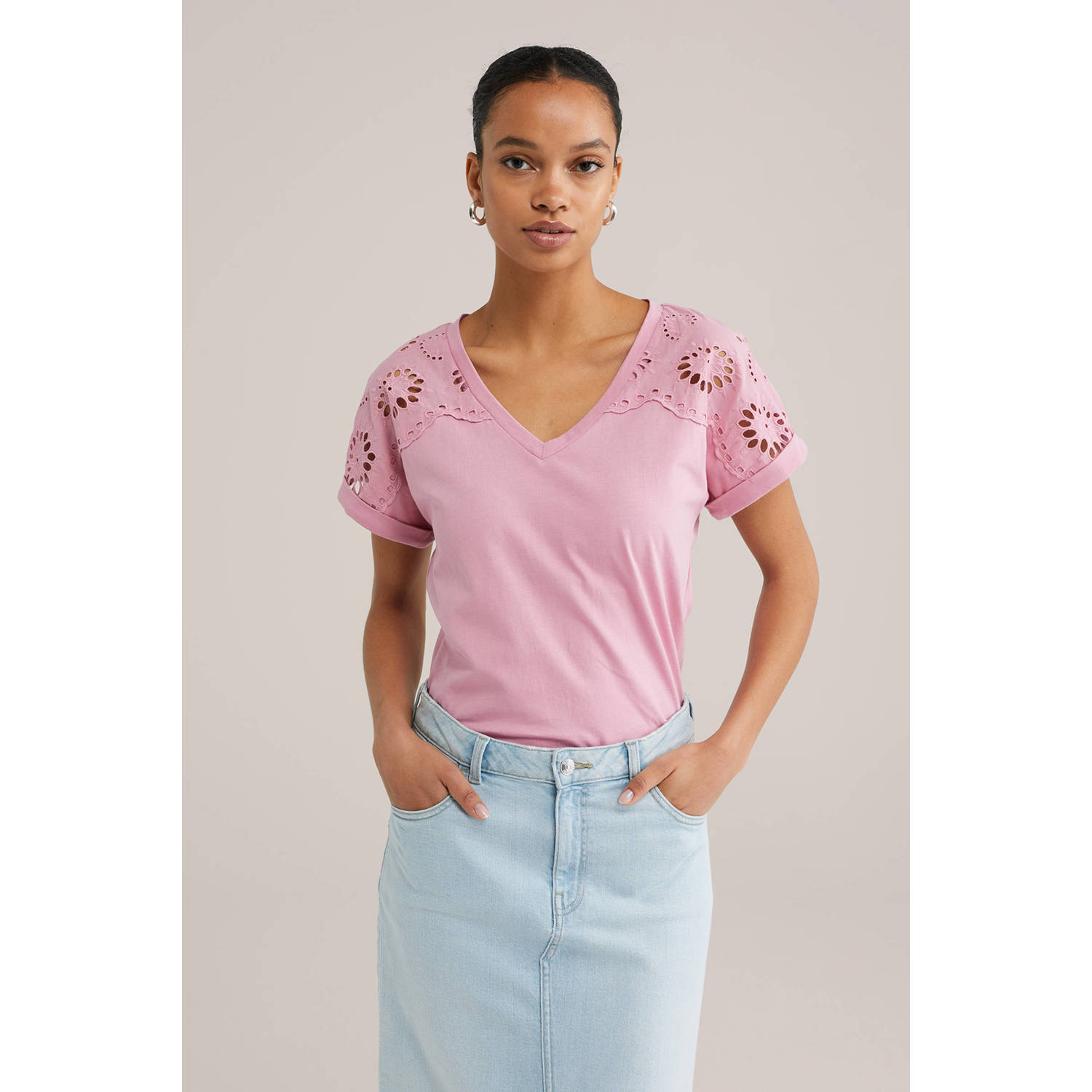 WE Fashion top roze broderie