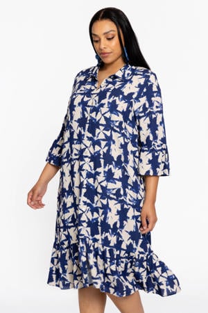 gebloemde jurk Plus Size met linnen - blauw