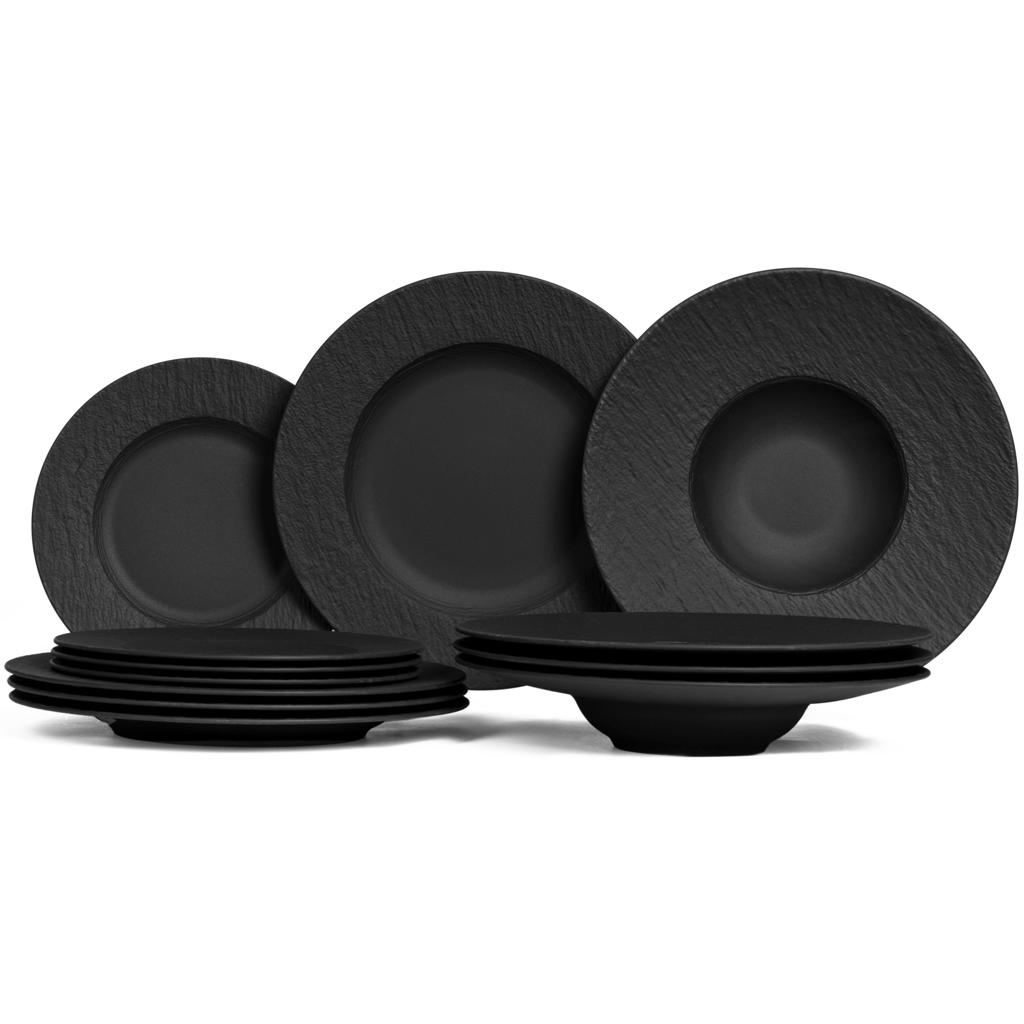 Villeroy & Boch Serviesset Manufacture Rock - Zwart 12-delig / 4 personen - 4 dinerborden, 4 ontbijtborden & 4 pastaborden