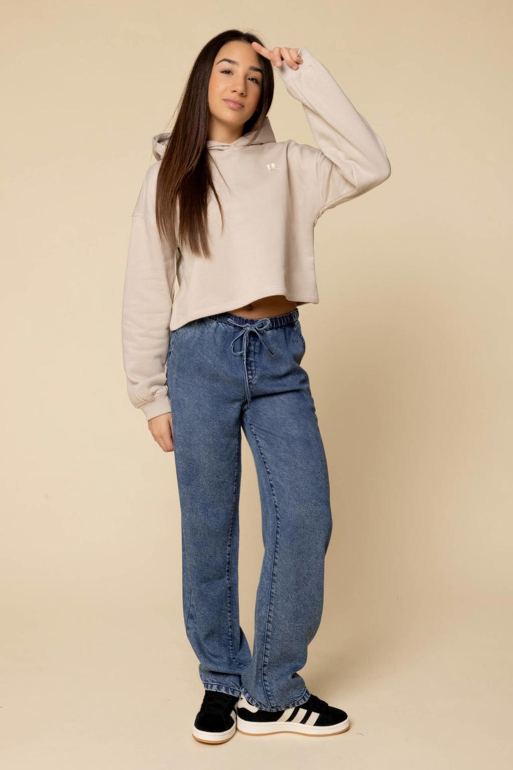 Beige meisjes LOOXS 10sixteen hoodie van katoen met backprint, lange mouwen en capuchon