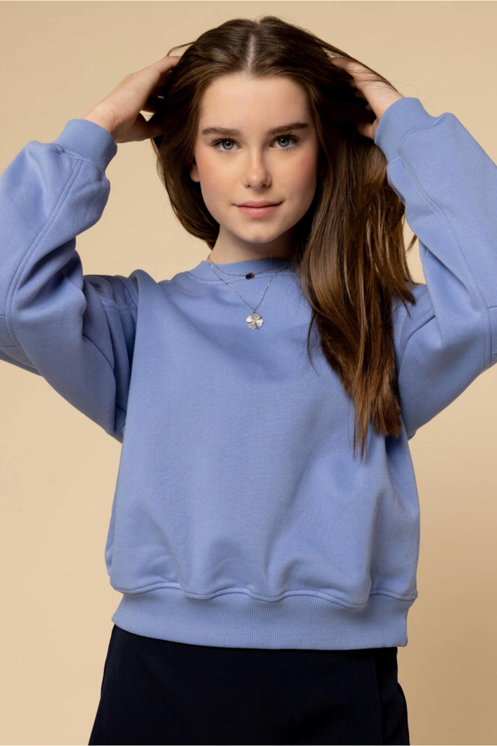 Blauwe meisjes LOOXS 10sixteen sweater van katoen met backprint, lange mouwen en ronde hals