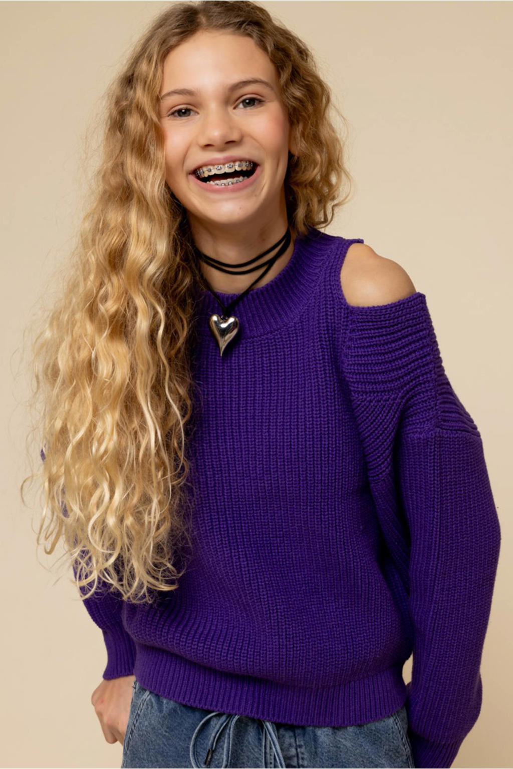 Paarse meisjes LOOXS 10sixteen gebreide trui van katoen met lange mouwen, ronde hals en open shoulder
