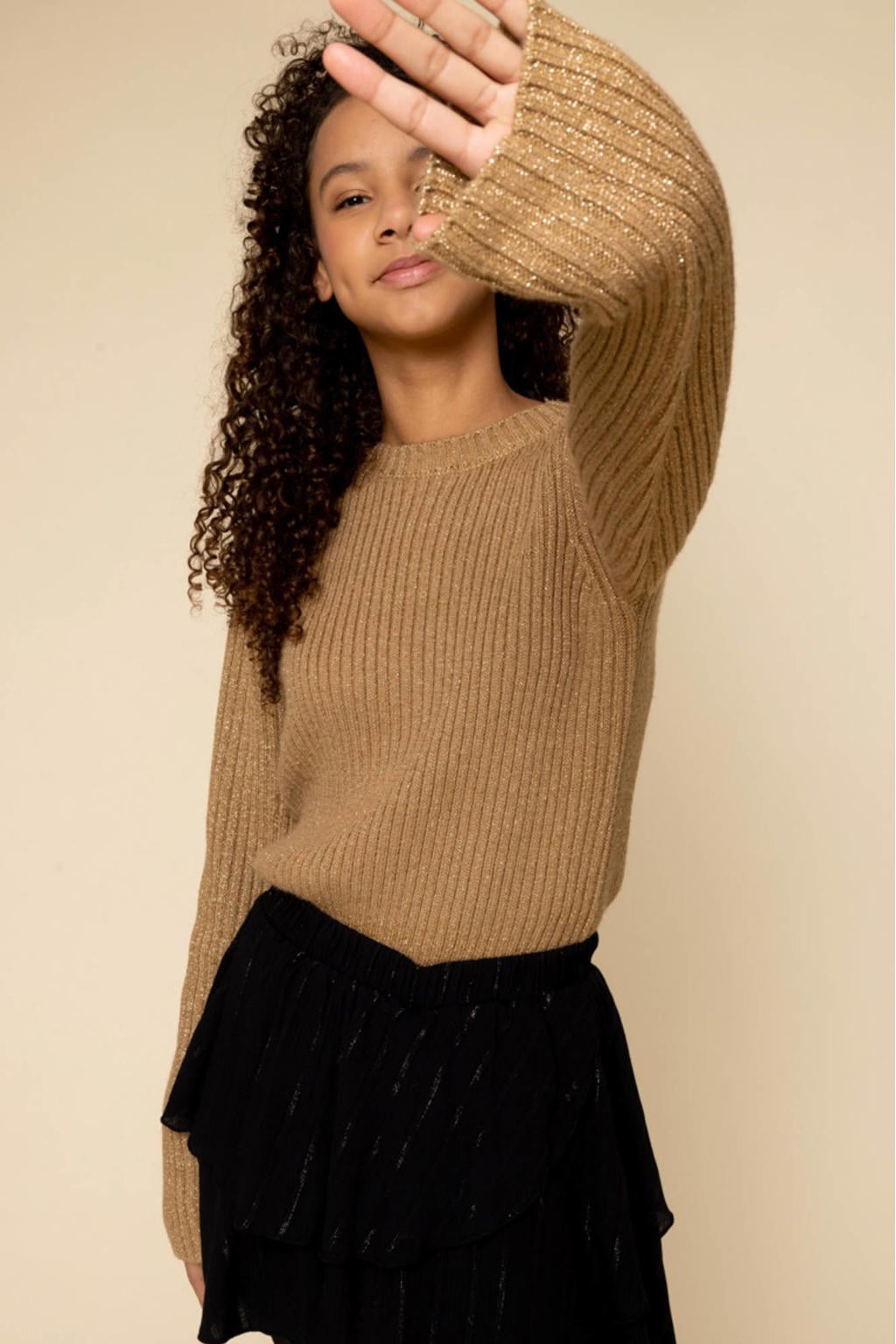 Gouden meisjes LOOXS 10sixteen sweater van viscose met lange mouwen, ronde hals en glitters