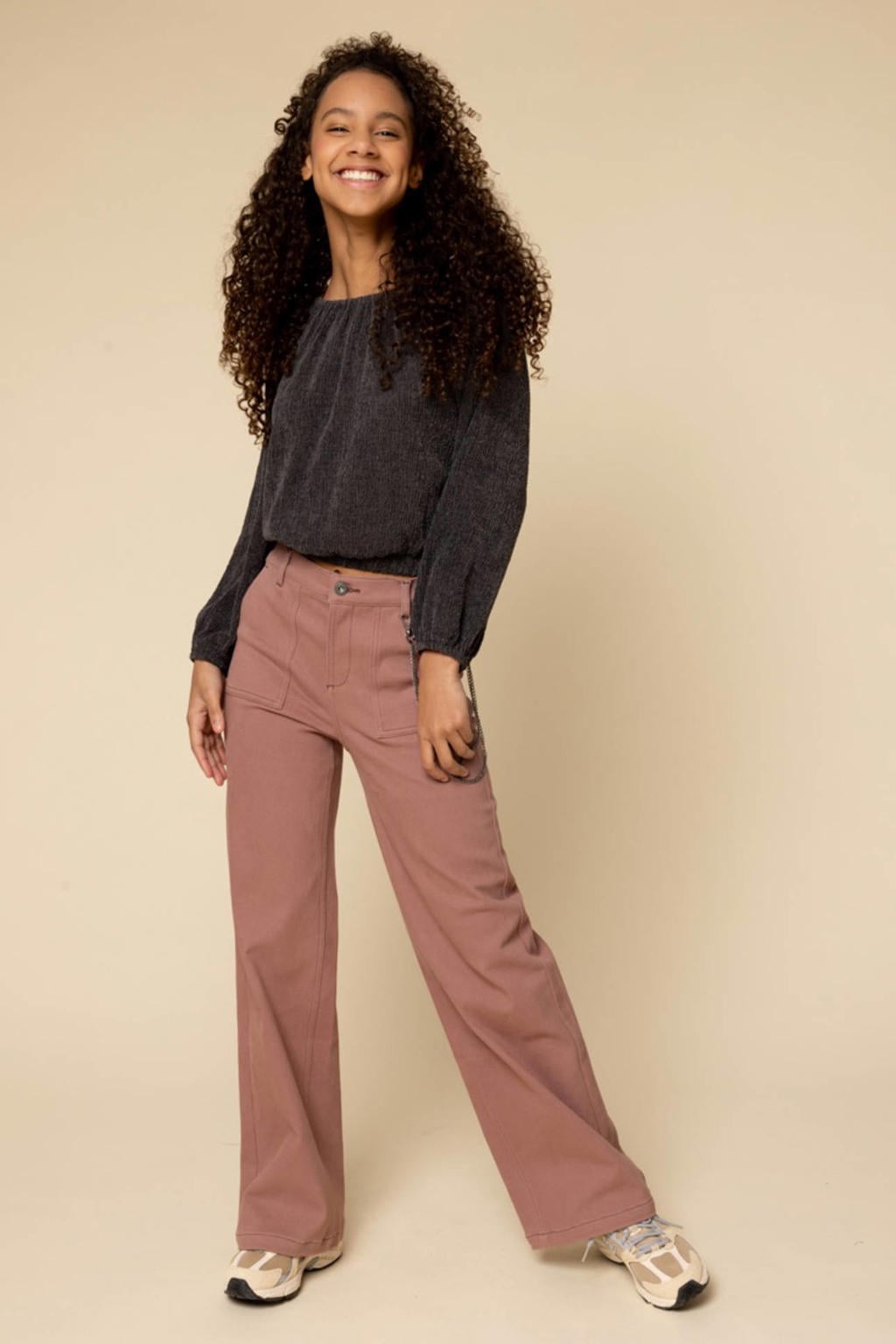 Oudroze meisjes LOOXS 10sixteen high waist wide leg jeans van katoen met rits- en knoopsluiting