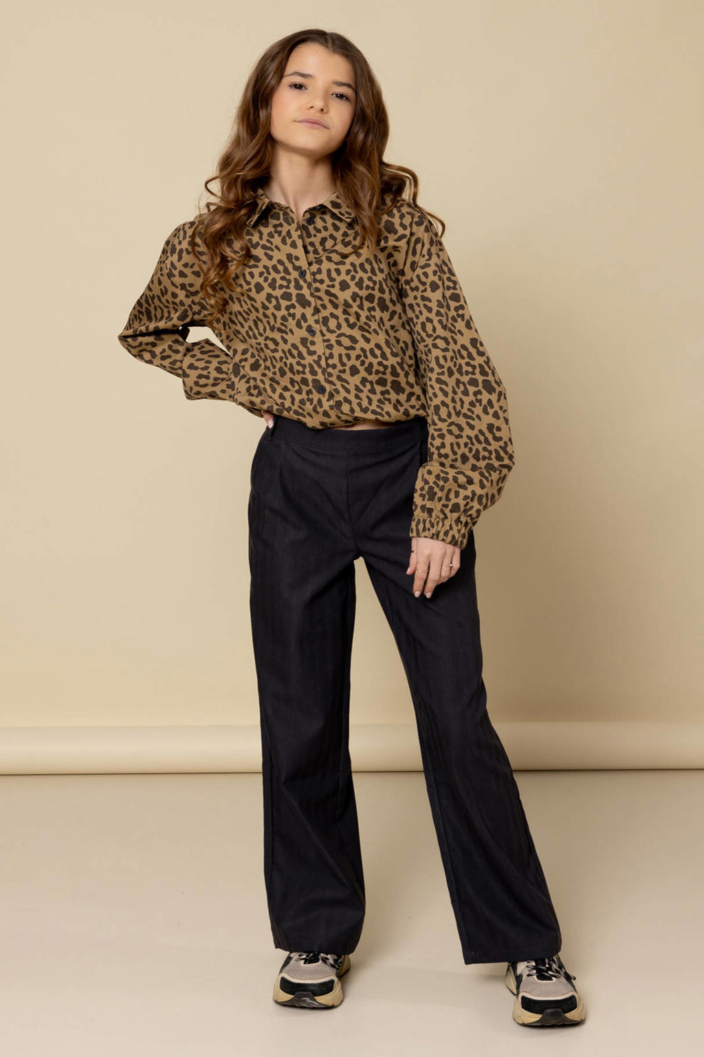 Antraciete meisjes LOOXS 10sixteen pantalon van polyester met elastische tailleband en melée print
