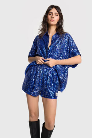 wide leg regular waist casual short blauw met pailletten