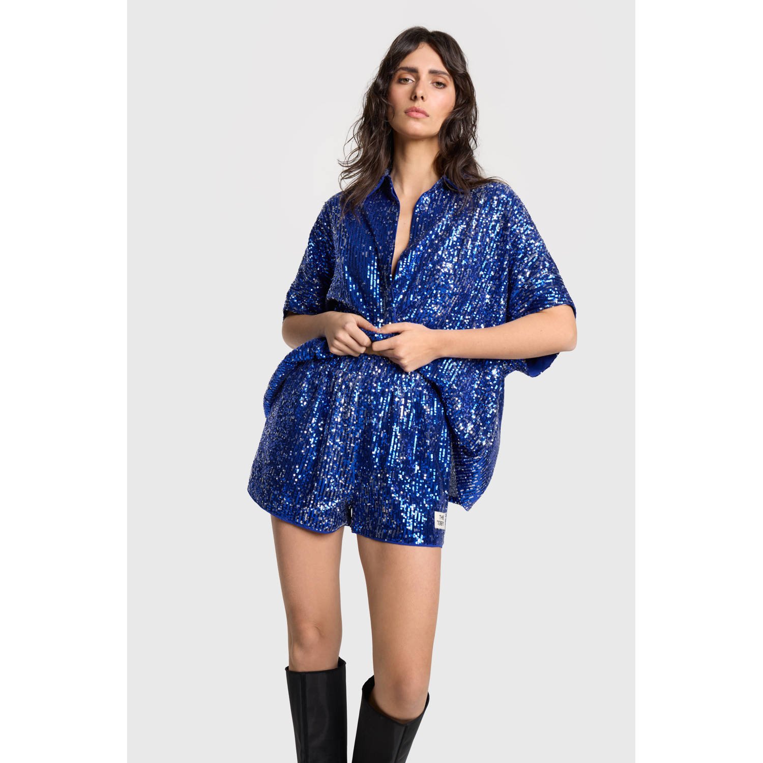 Alix the Label wide leg regular waist casual short blauw met pailletten
