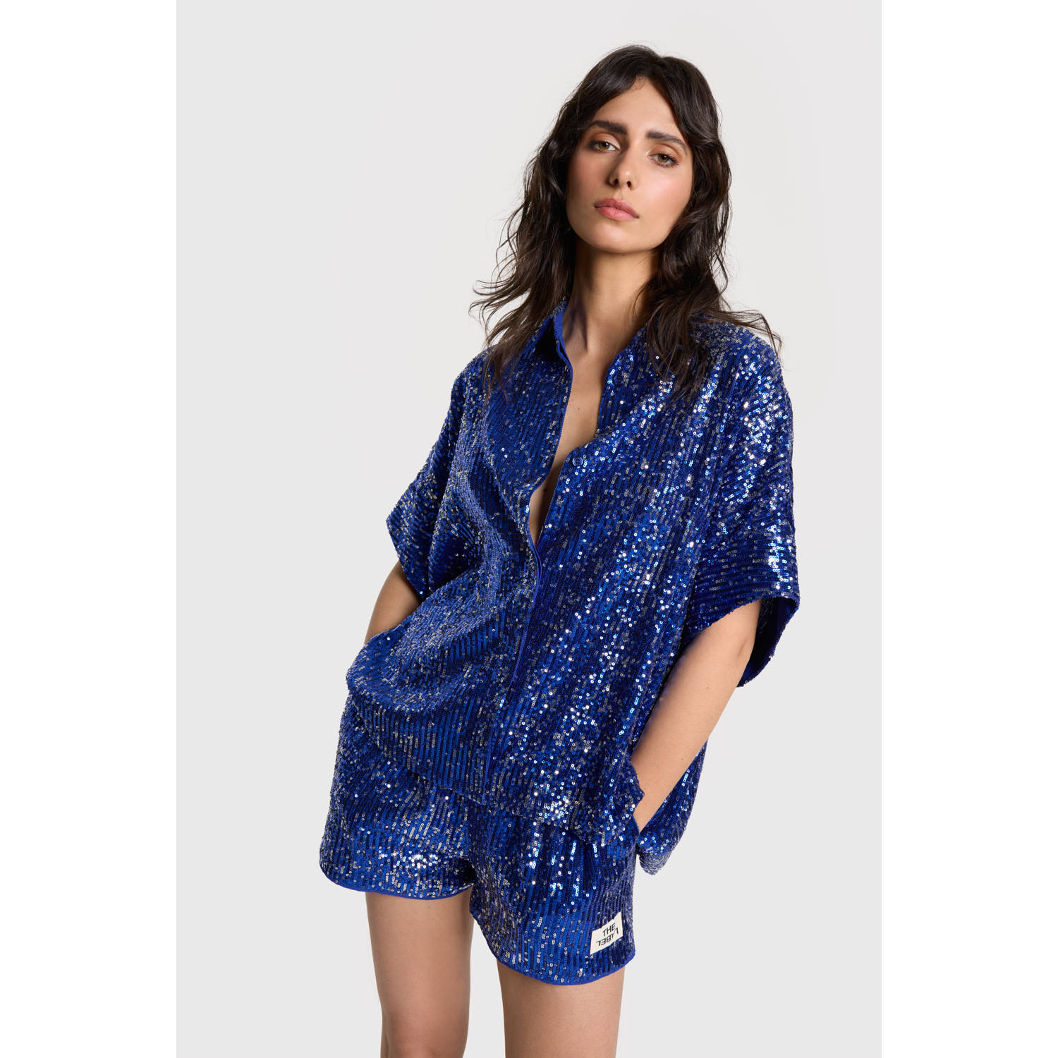 Alix the Label wide leg regular waist casual short blauw met pailletten