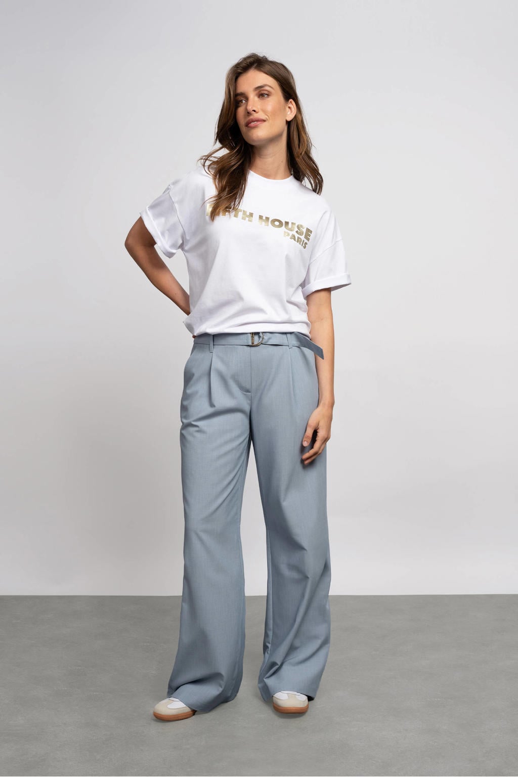 Grijsblauwe dames Fifth House straight high waist broek blauw van polyester met rits- en haaksluiting en effen