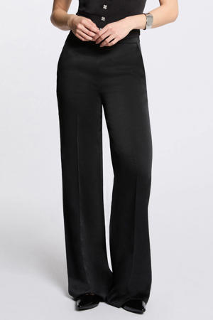 satijnen wide leg regular waist pantalon zwart