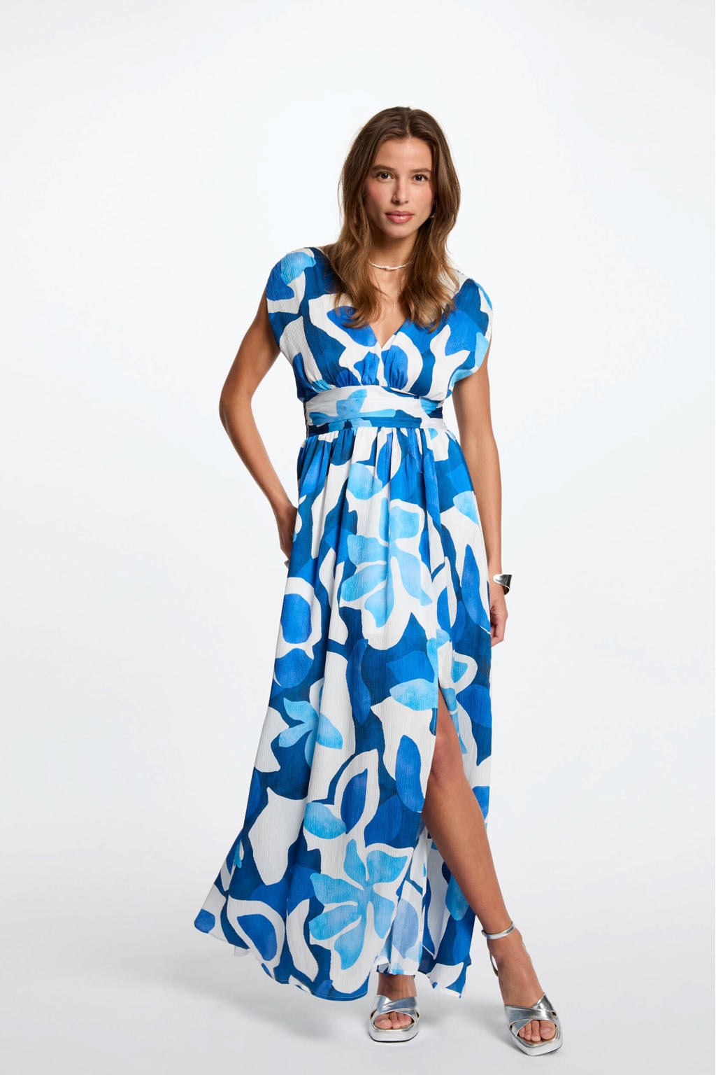 Wit en blauwe dames Morgan maxi jurk van polyester met korte mouwen, V-hals, elastische inzet en split