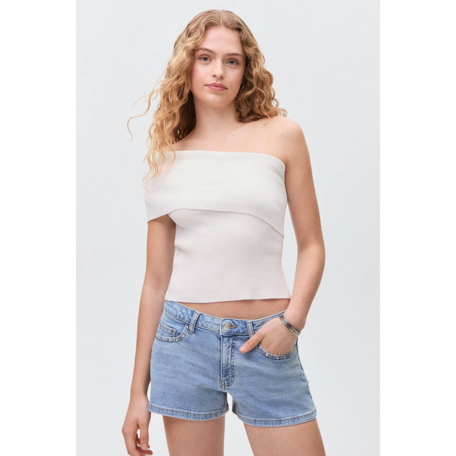 MANGO TEEN one shoulder top ecru fijn gebreid