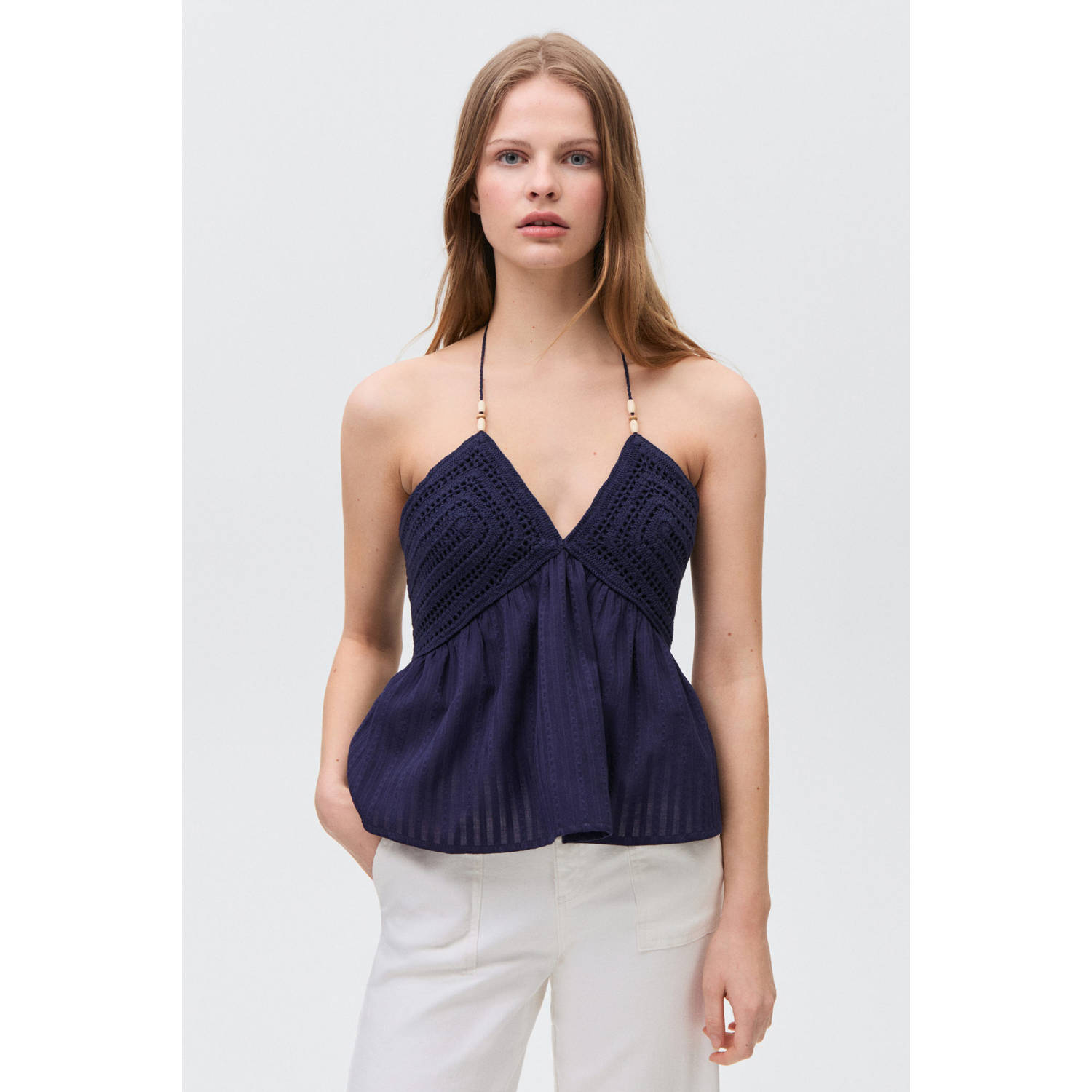 MANGO TEEN haltertop marine gehaakt