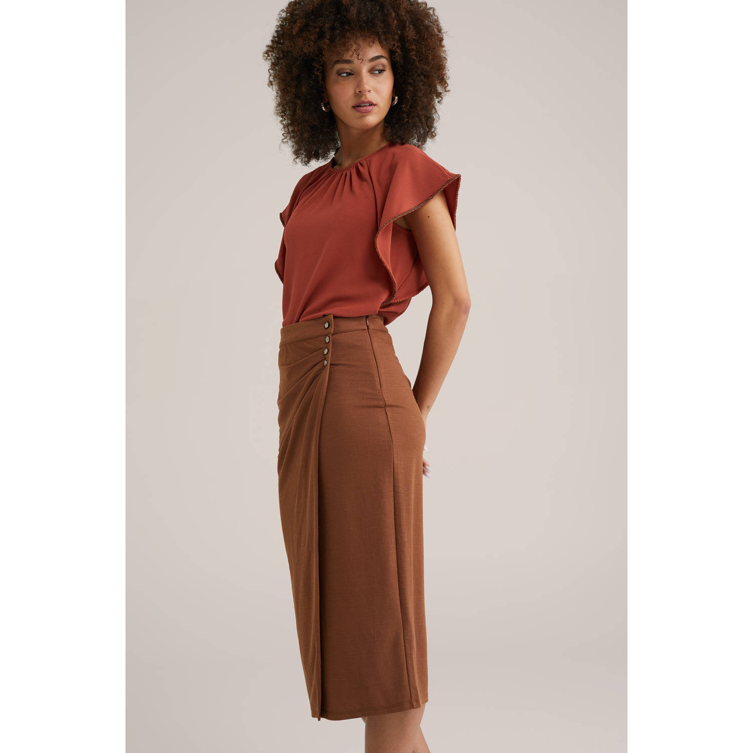 WE Fashion midi rok bruin