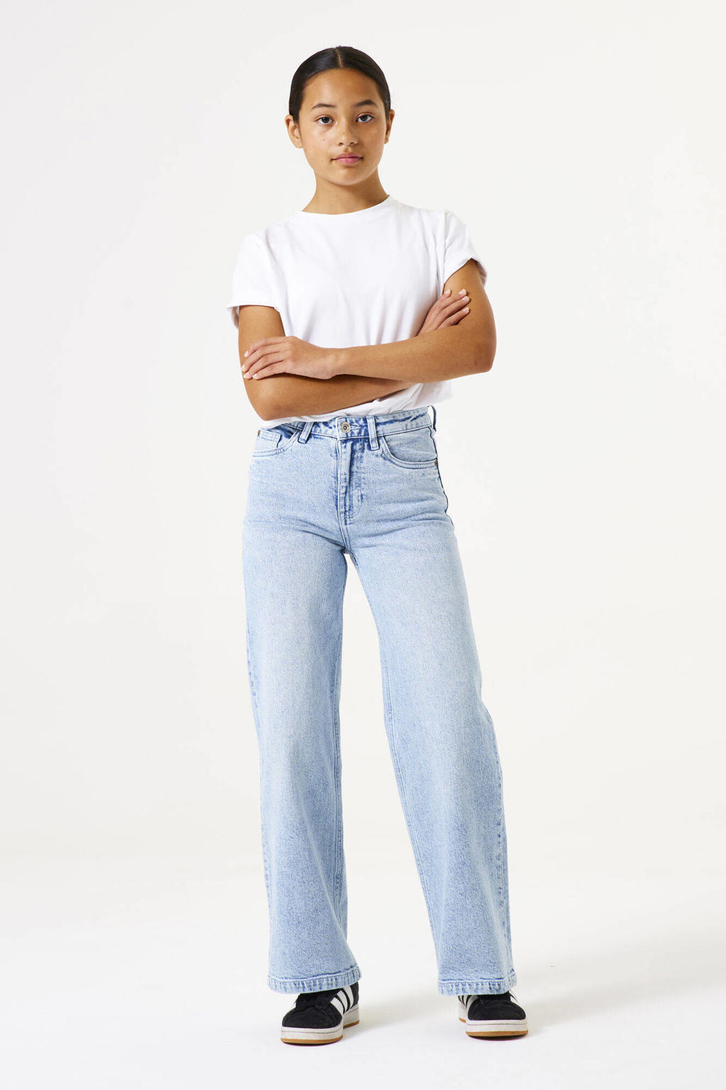 Light blue denim meisjes Garcia high waist loose fit jeans van stretchdenim met effen