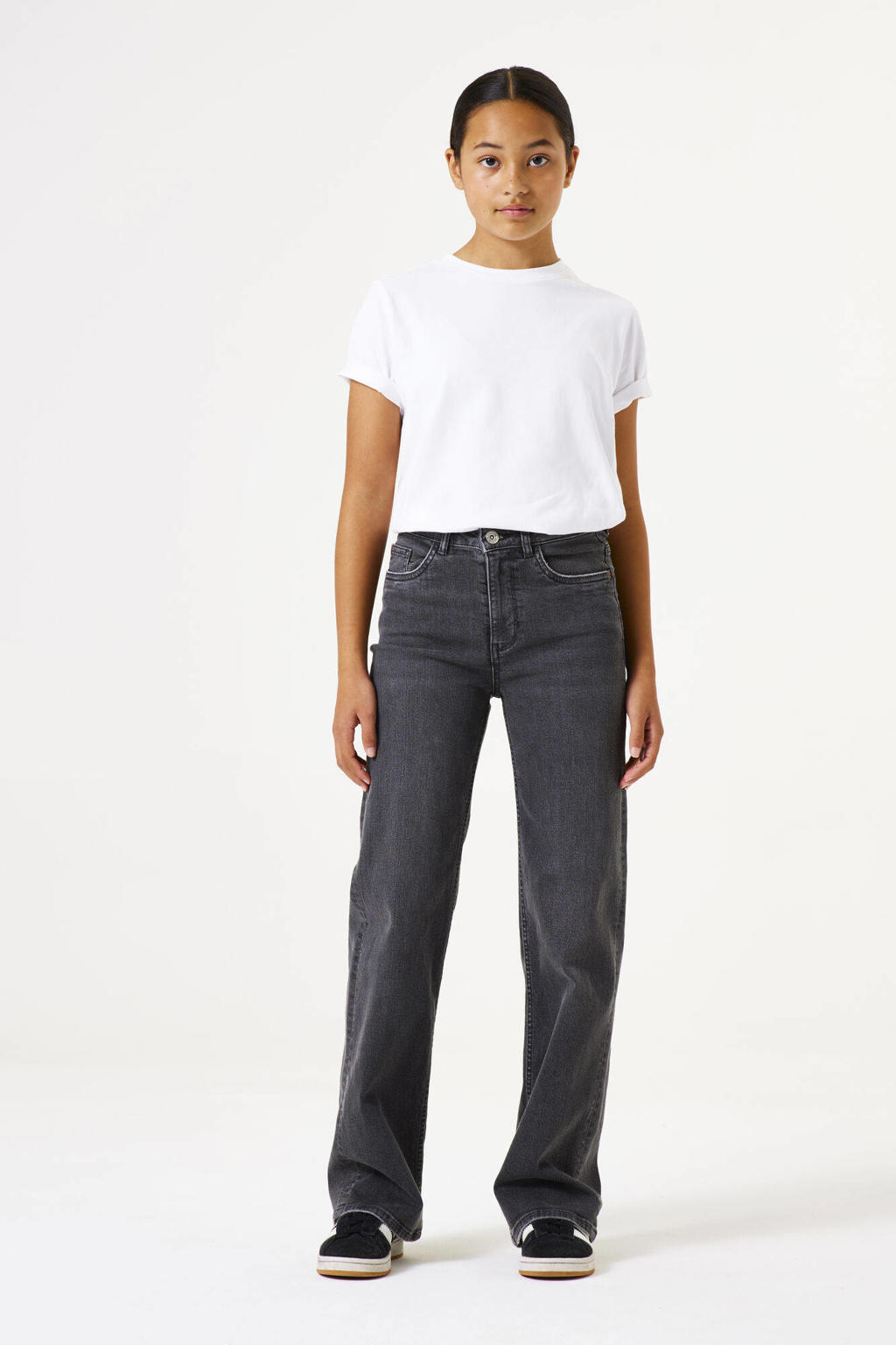 Black denim meisjes Garcia high waist straight leg jeans black van stretchdenim met rits- en knoopsluiting en effen