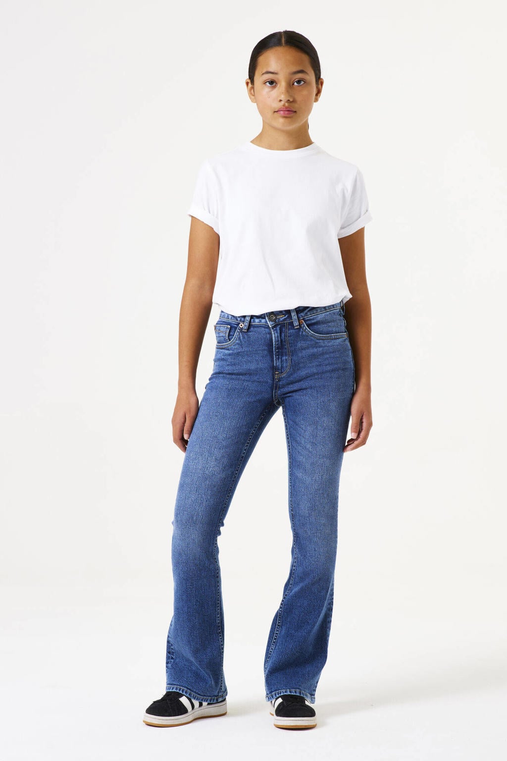 Dark blue denim meisjes Garcia high waist flared jeans dark blue van stretchdenim met rits- en knoopsluiting en effen