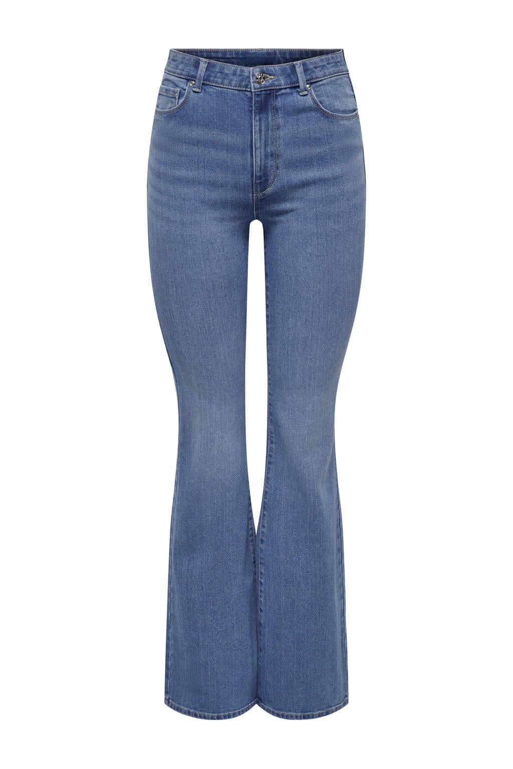 Medium blue denim dames ONLY TALL high waist flared jeans van denim met rits- en knoopsluiting en effen